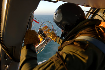 L'hélicoptère Dauphin SP (service public) de la marine constitue l'un des principaux moyens d'intervention à la disposition du CROSS pour les opérations de sauvetage en mer.L'équipage d'un Dauphin SP, c'est 6 personnes : aux 4 navigants qui sont à bord de l'appareil pour chaque mission (pilote, copilote, mécanicien de bord treuilliste et plongeur) s'ajoutent 2 techniciens, qui restent à terre et sont chargés de l'entretien de la machine. Depuis janvier 2013, au terme de 23 ans de service à Cherbourg-en-Cotentin, le Dauphin SP a cédé sa place à un nouvel appareil, plus imposant et de conception beaucoup plus récente : un EC 225.